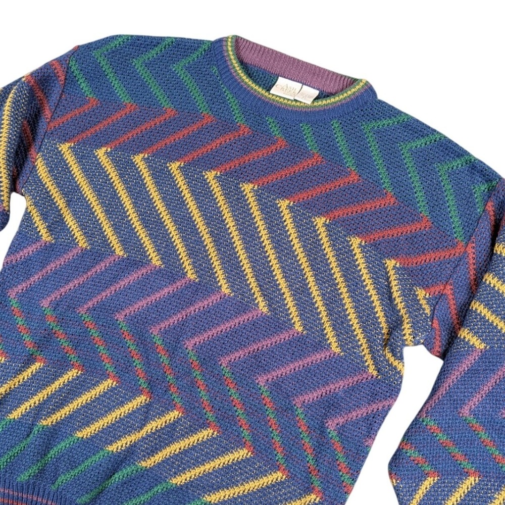 Ash Creek Trading Mens XL Vintage Geometric Chevron Knit Crewneck Sweater Blue